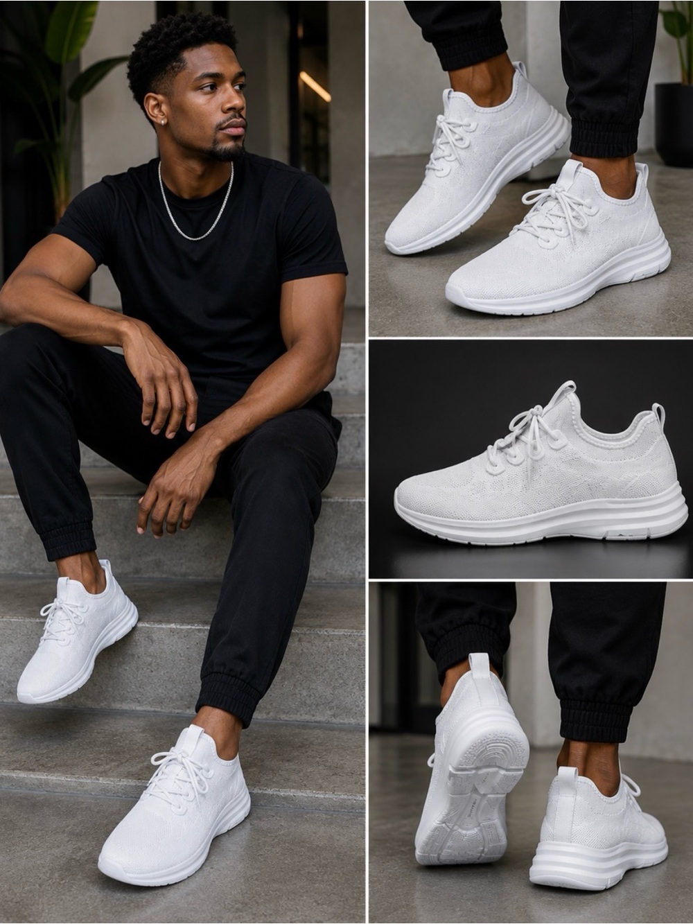 Men's White Knit Athletic Sneakers - Lightweight Comfort
